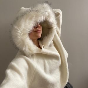 Akira White Hooded Fur Sweater